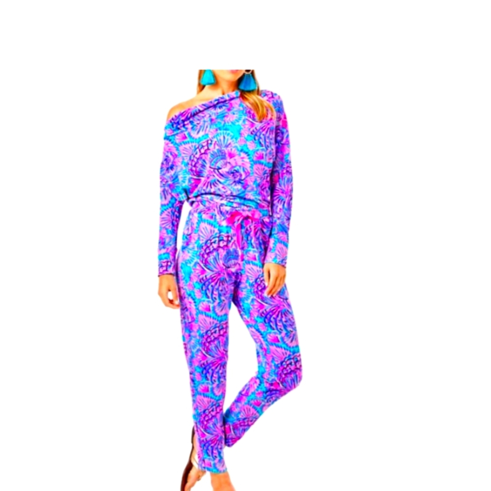 Lilly Pulitzer Off-Shoulder Tropical Print Jumpsuit in Pink & Blue